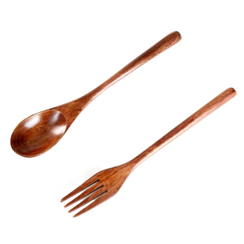 Wooden Spoon, Fork, and Chopstick Set - Three-piece set made of nanmu wood with lacquer and thread wrapping; convenient cloth bag for tableware.